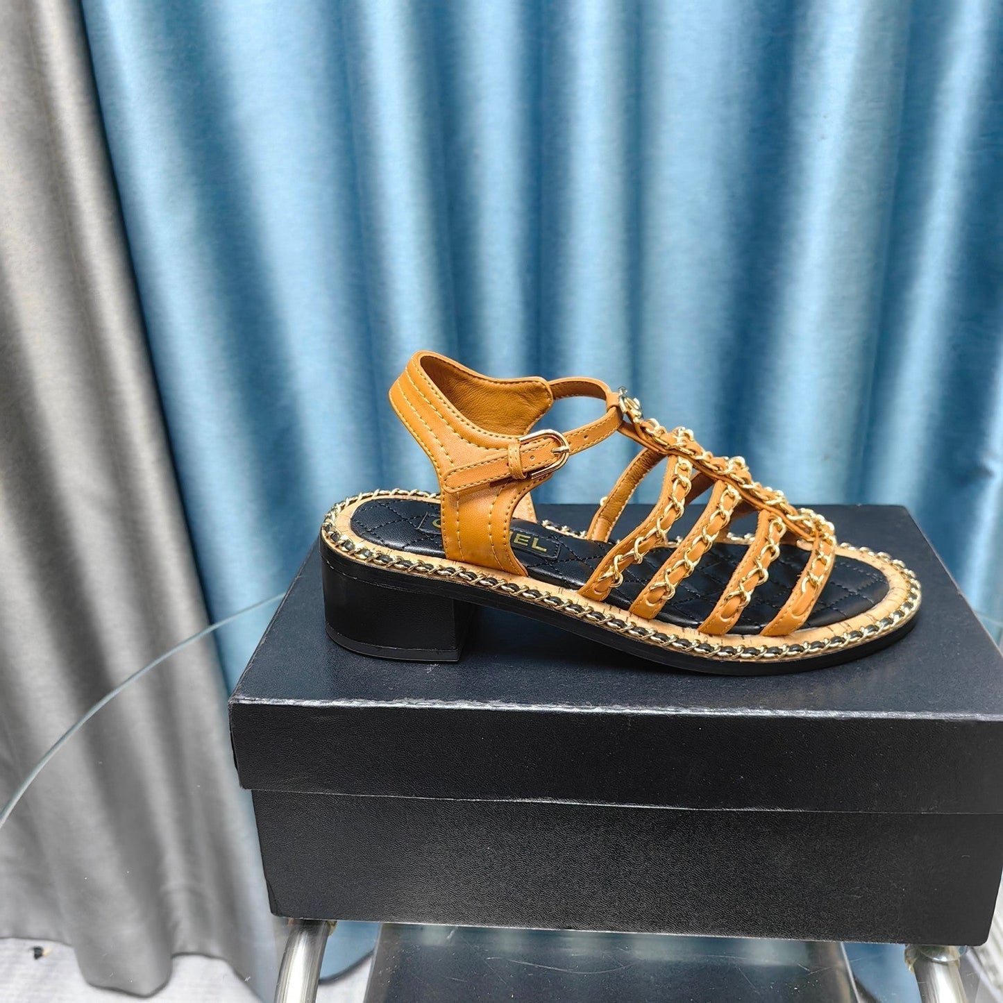HIGH SANDALS WITH THREE STRAPS IN OCHRE YELLOW CALFSKIN - 35