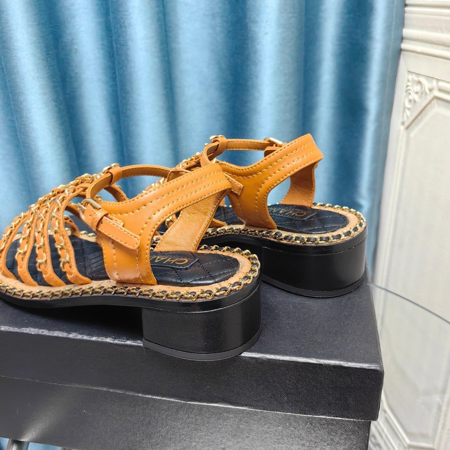 HIGH SANDALS WITH THREE STRAPS IN OCHRE YELLOW CALFSKIN - 35