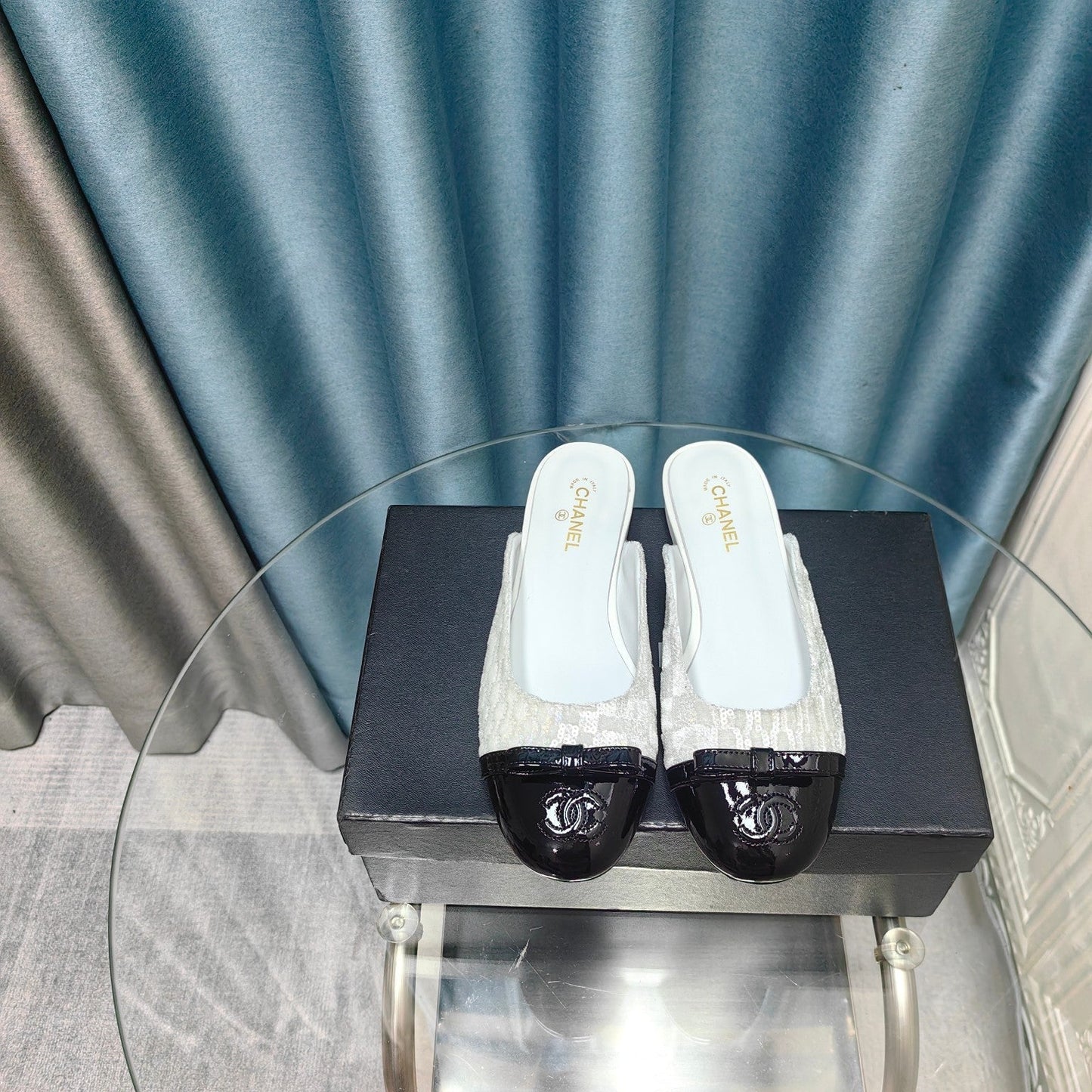 MULE IN WHITE SATIN MIX BLACK LAMBSKIN - 35