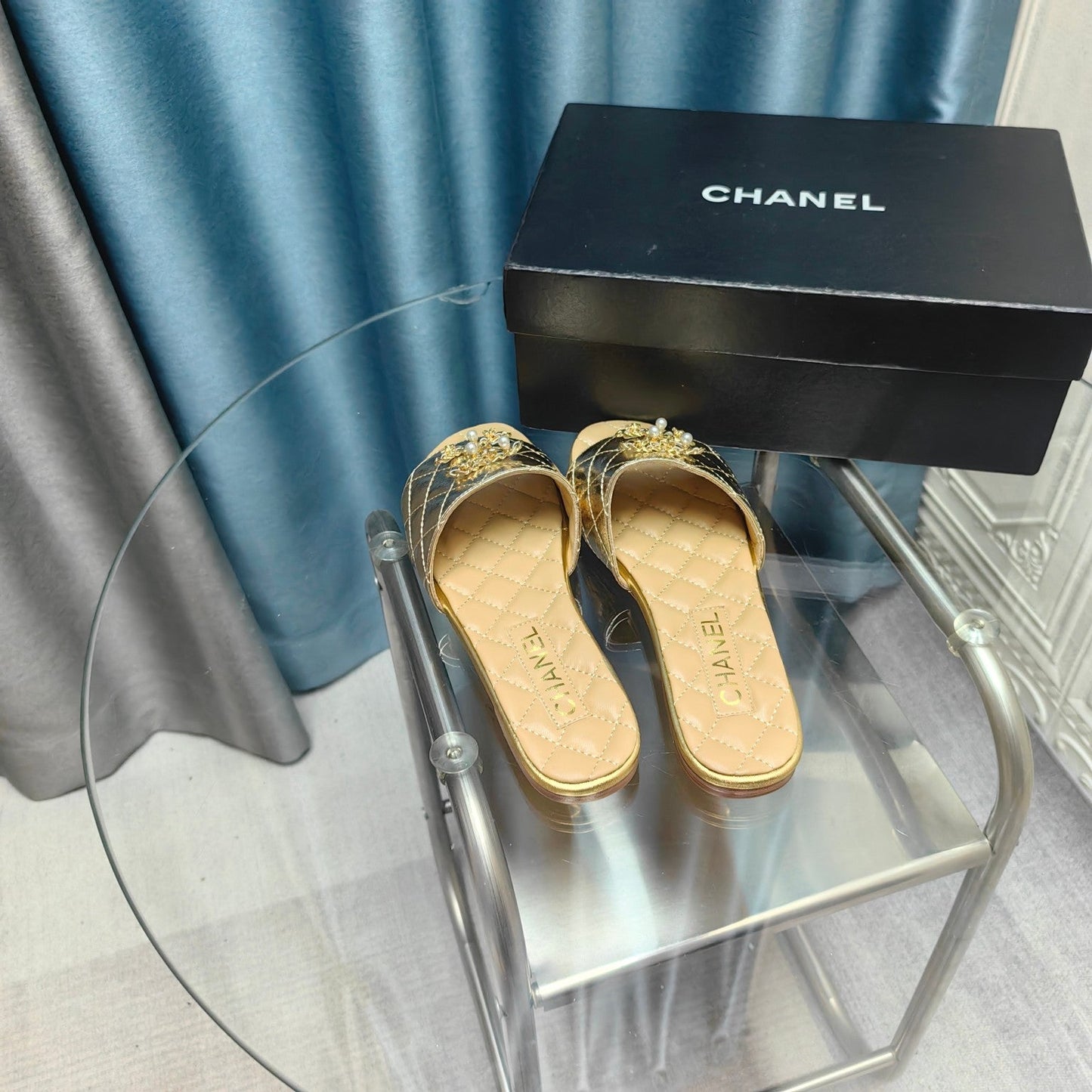 QUILTED SLIPPERS SILVER MIX BEIGE CREAM SHEEPSKIN - 35