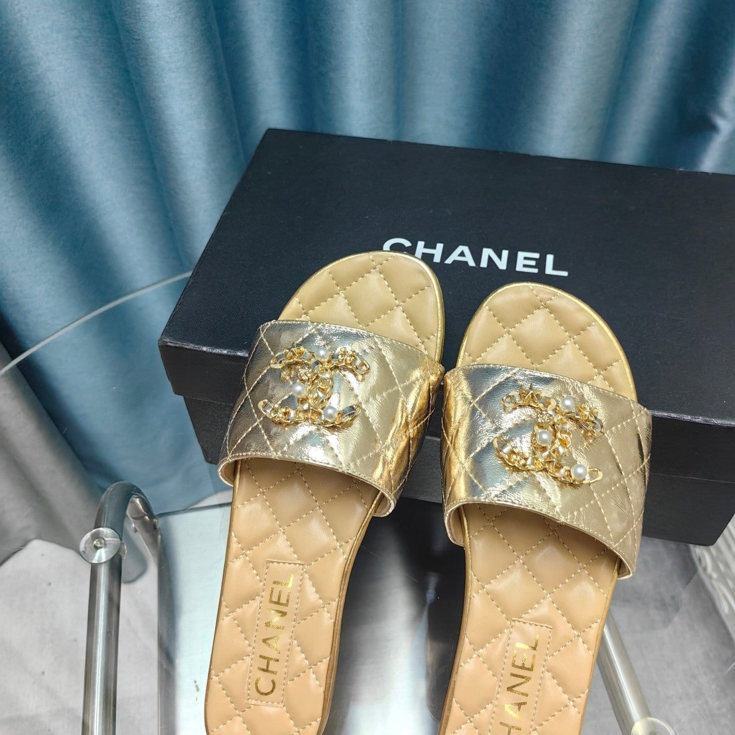 QUILTED SLIPPERS SILVER MIX BEIGE CREAM SHEEPSKIN - 35