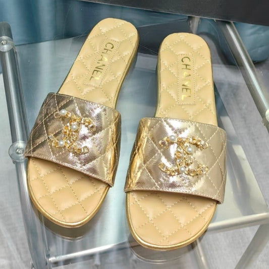 QUILTED SLIPPERS SILVER MIX BEIGE CREAM SHEEPSKIN - 35