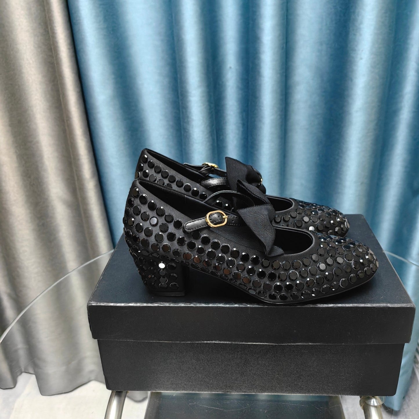 HIGH MARY JANE BOW RHINESTONE BLACK SILK - 35