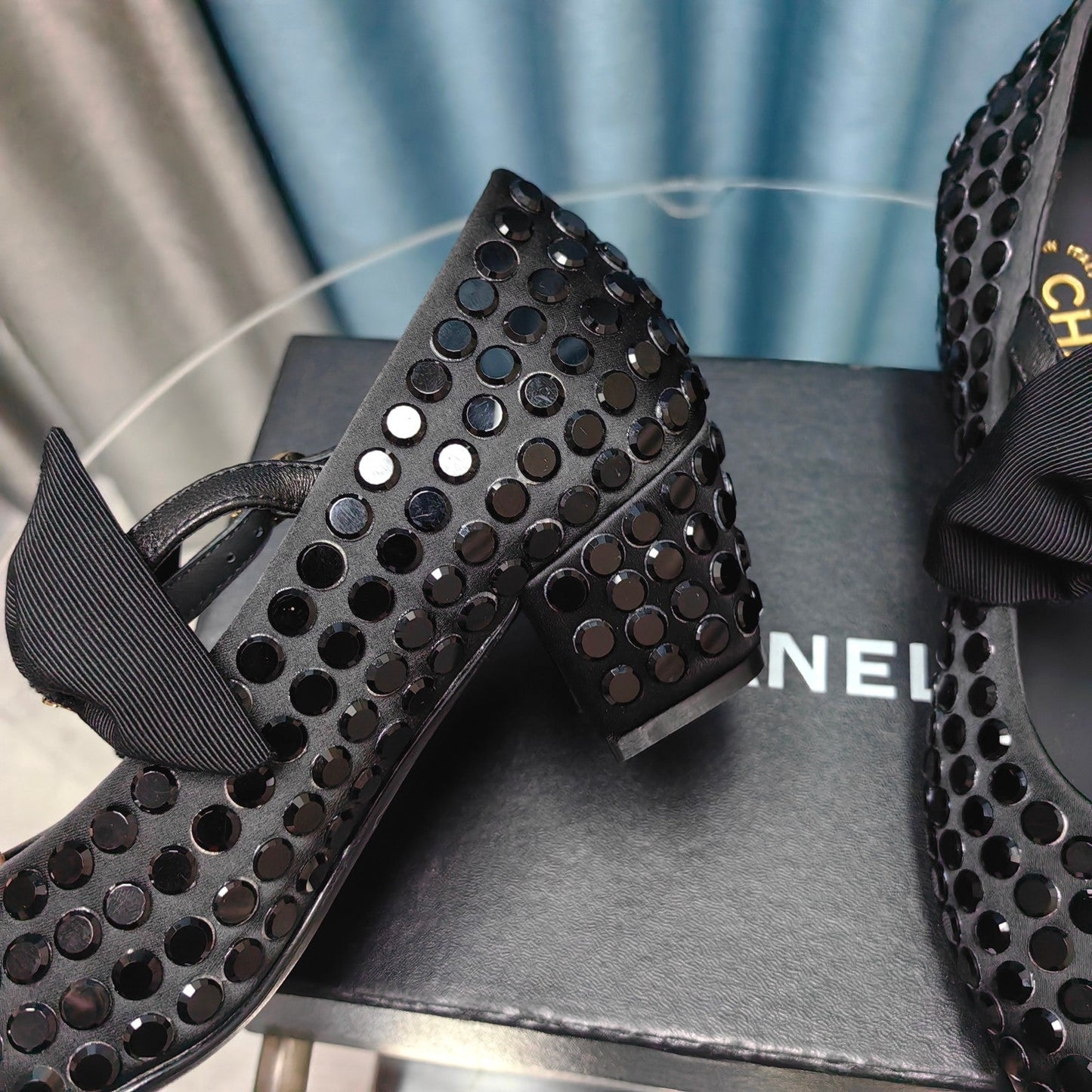HIGH MARY JANE BOW RHINESTONE BLACK SILK - 35