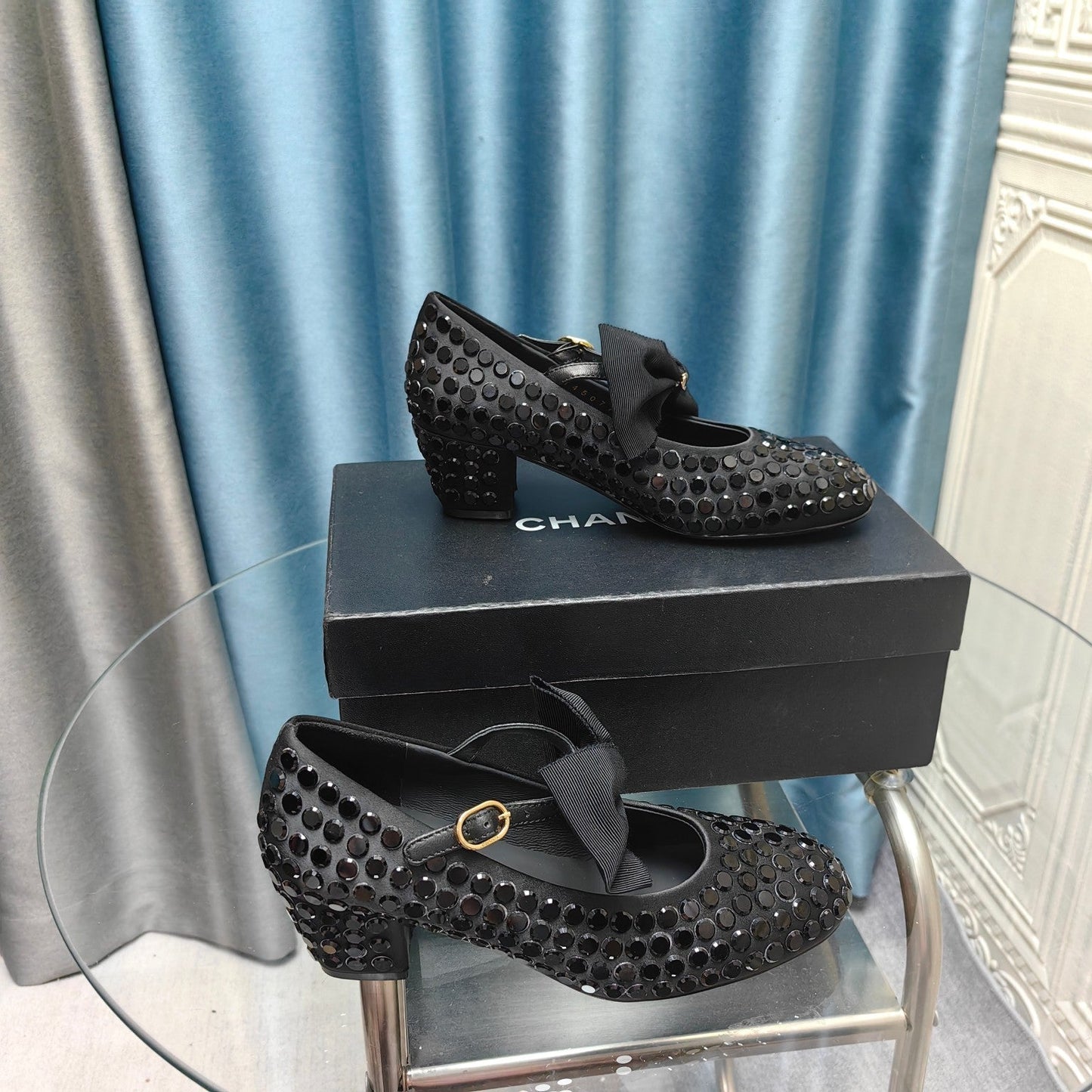HIGH MARY JANE BOW RHINESTONE BLACK SILK - 35