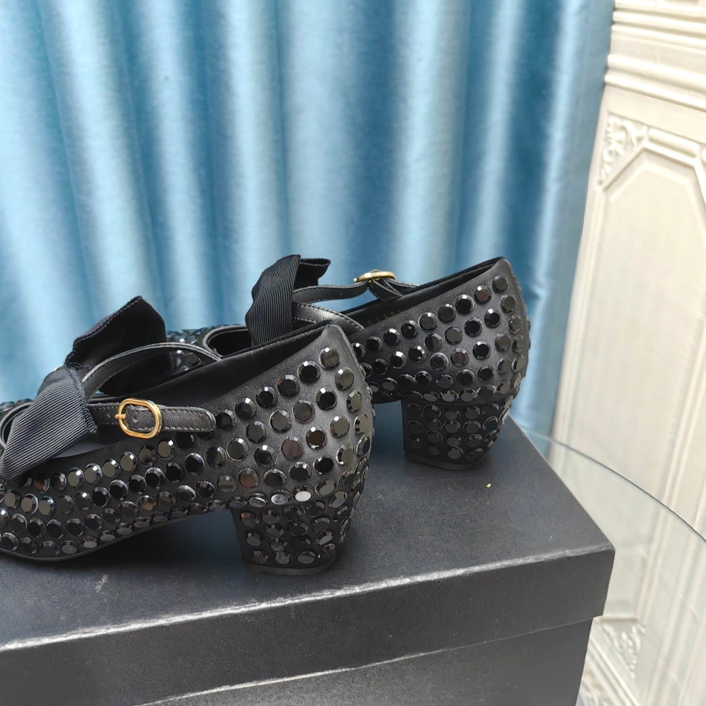 HIGH MARY JANE BOW RHINESTONE BLACK SILK - 35
