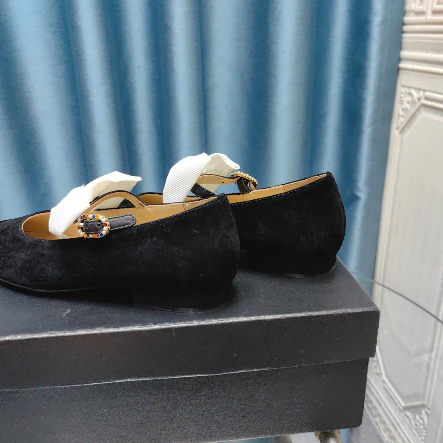 MARY JANE SHOES BLACK SUEDE WITH WHITE BOW - 35