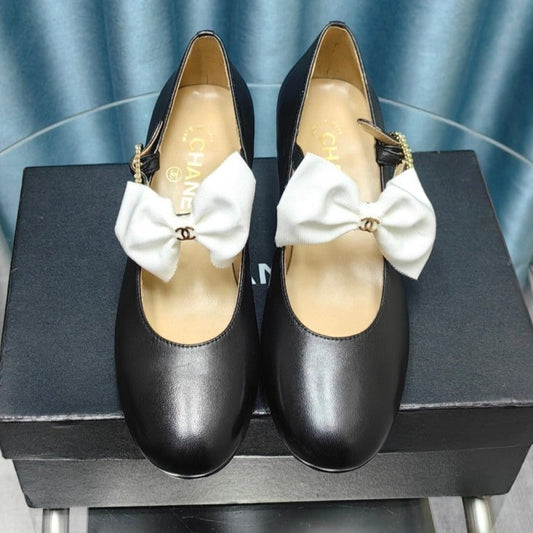 HIGH MARY JANE SHOES BLACK SHEEPSKIN WITH WHITE BOW - 35