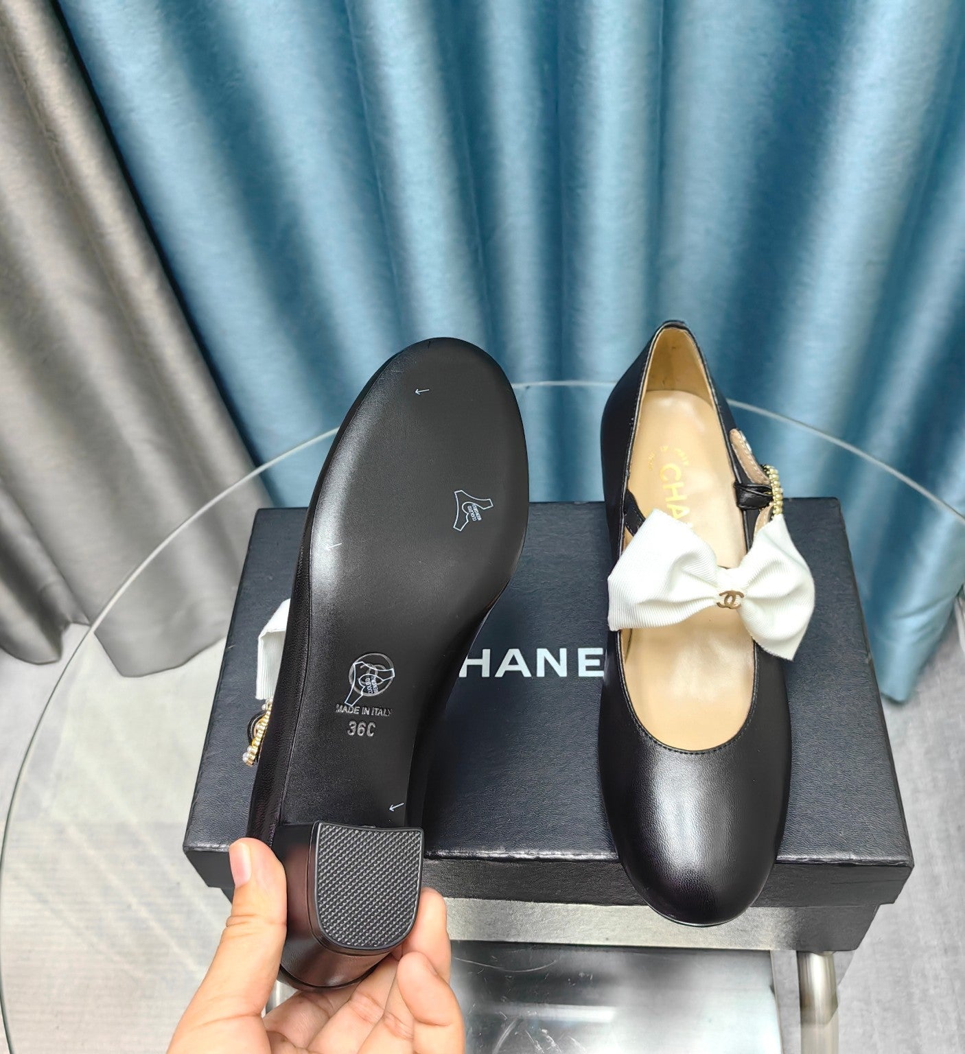 HIGH MARY JANE SHOES BLACK SHEEPSKIN WITH WHITE BOW - 35