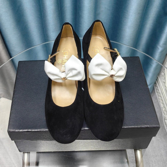 HIGH MARY JANE SHOES BLACK SUEDE WITH WHITE BOW - 35