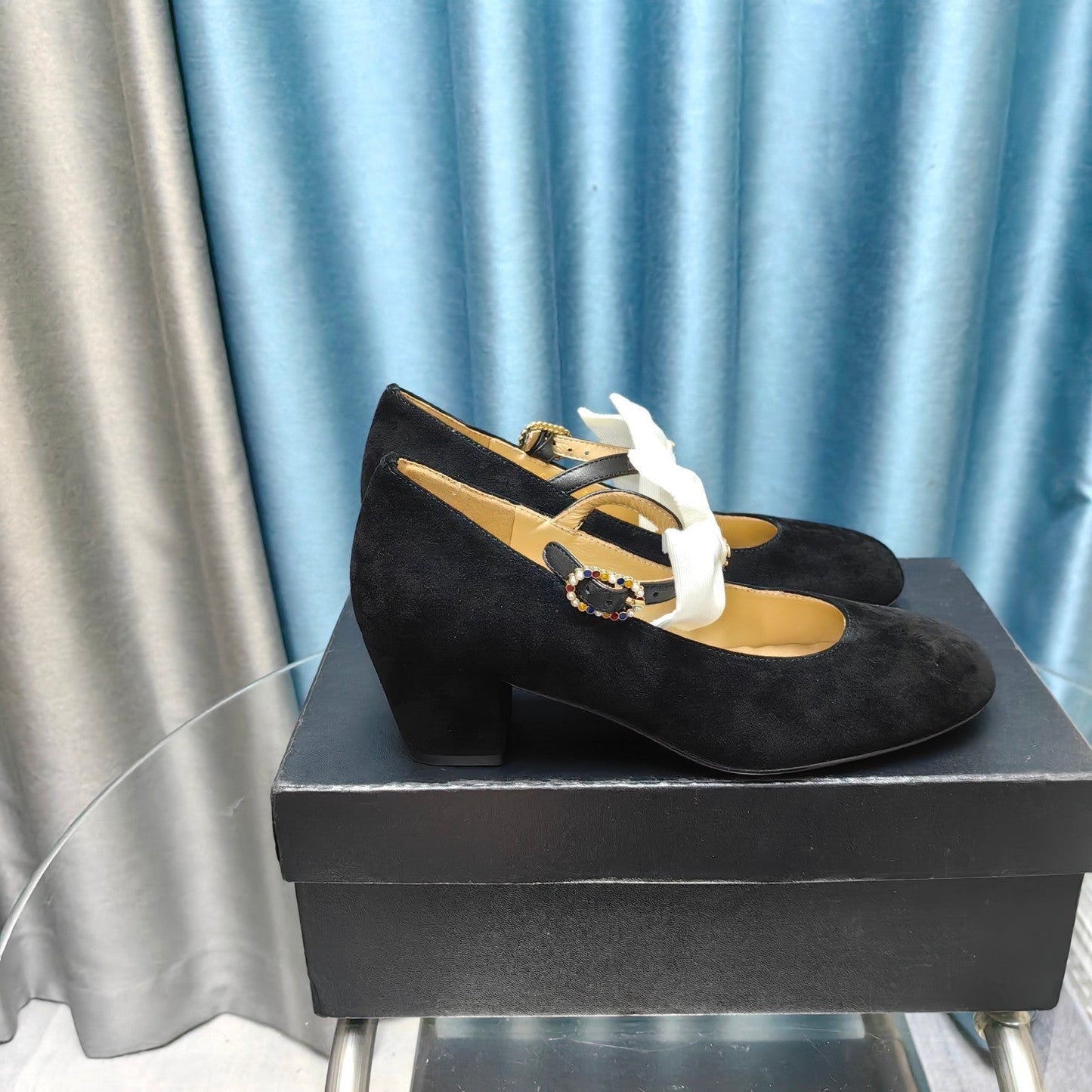 HIGH MARY JANE SHOES BLACK SUEDE WITH WHITE BOW - 35