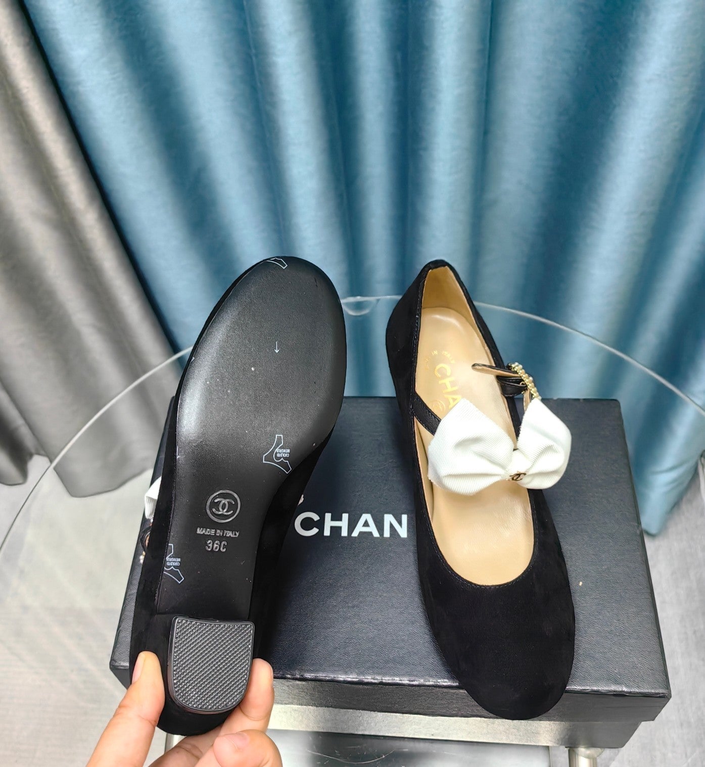 HIGH MARY JANE SHOES BLACK SUEDE WITH WHITE BOW - 35