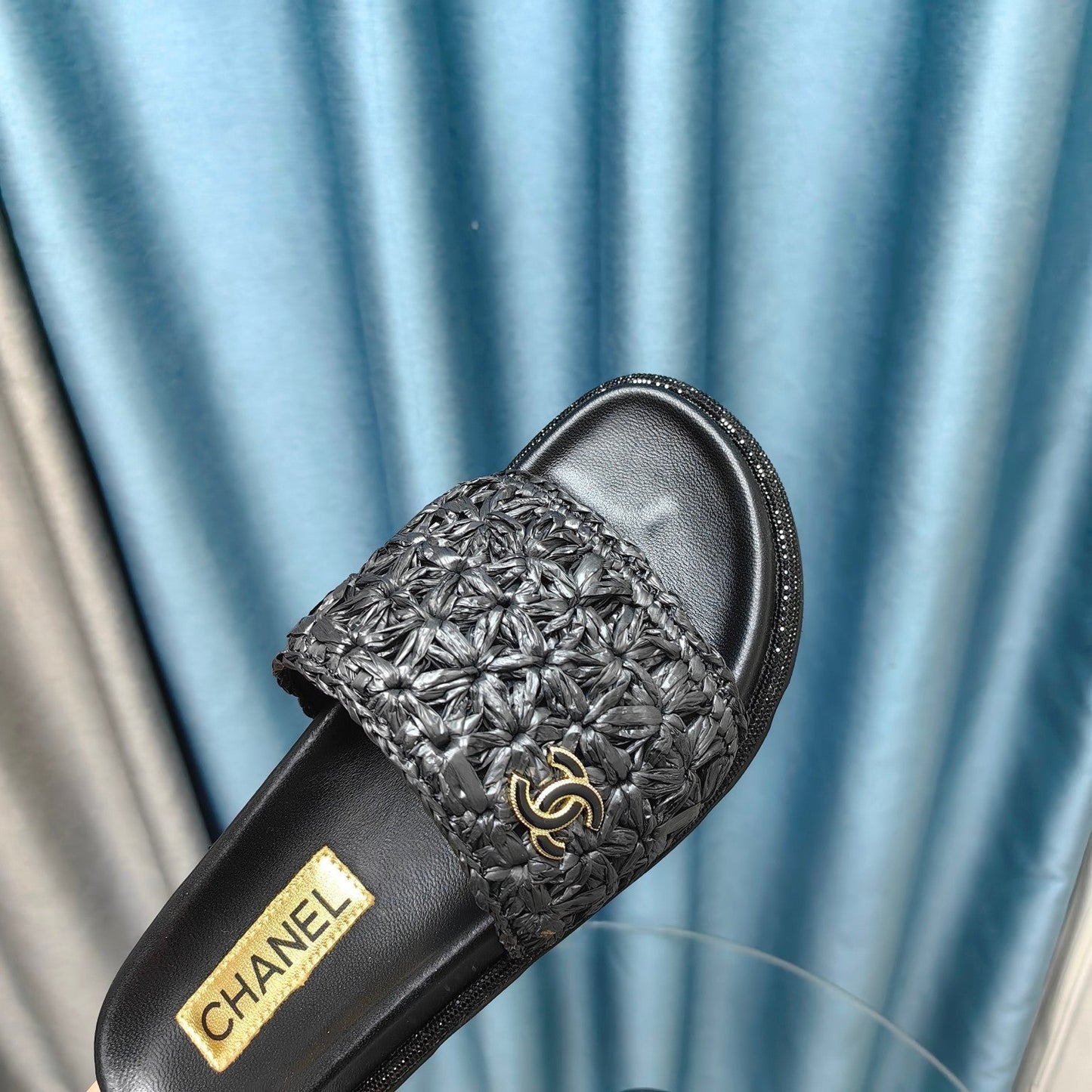 KNIT SLIPPERS IN BLACK WOVEN SATIN AND SHEEPSKIN - 35