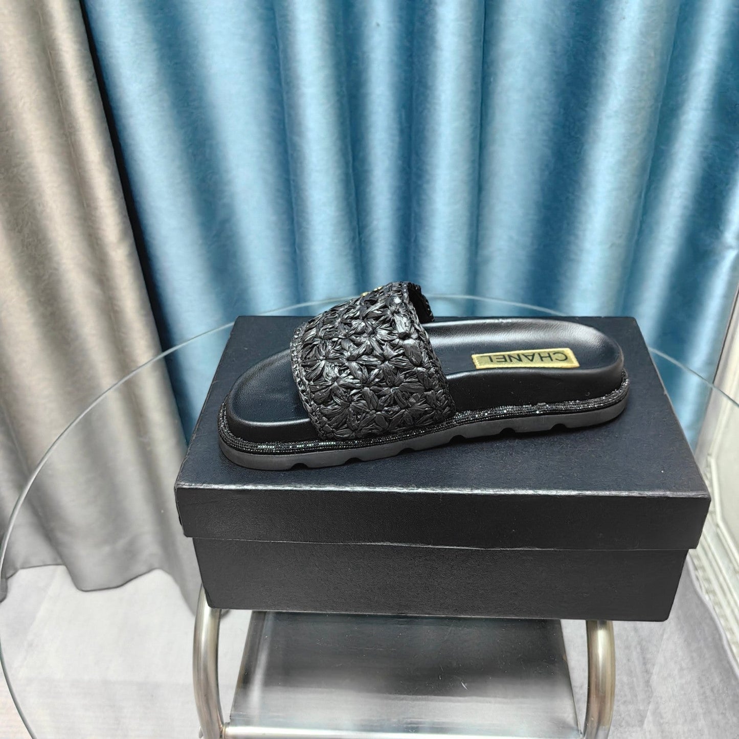 KNIT SLIPPERS IN BLACK WOVEN SATIN AND SHEEPSKIN - 35