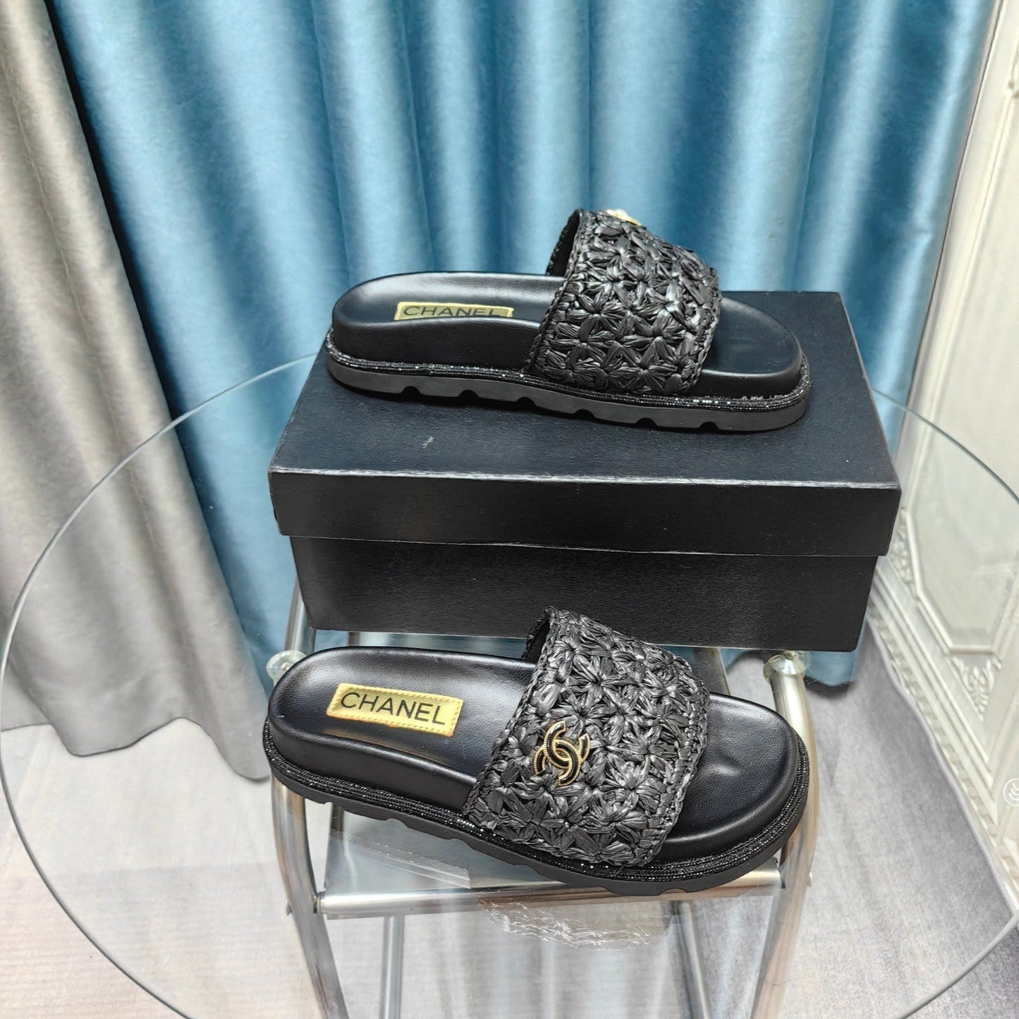 KNIT SLIPPERS IN BLACK WOVEN SATIN AND SHEEPSKIN - 35
