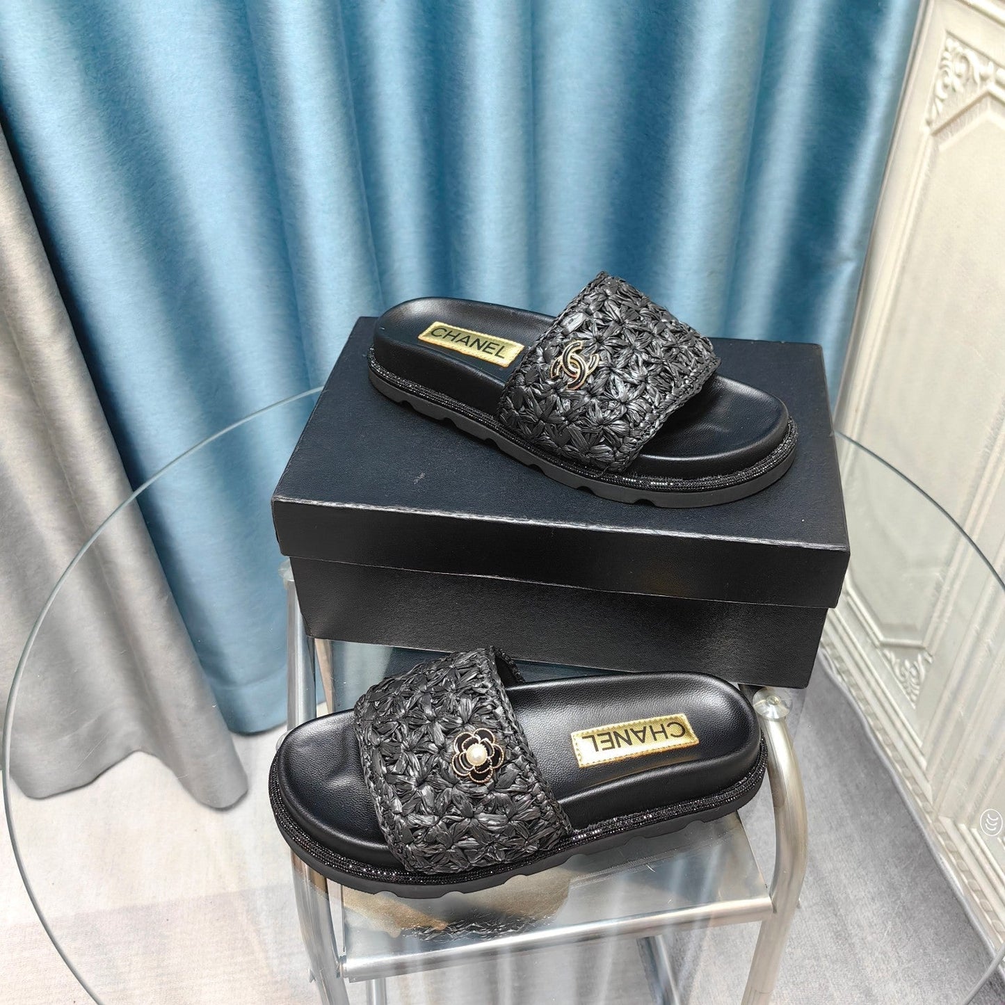 KNIT SLIPPERS IN BLACK WOVEN SATIN AND SHEEPSKIN - 35