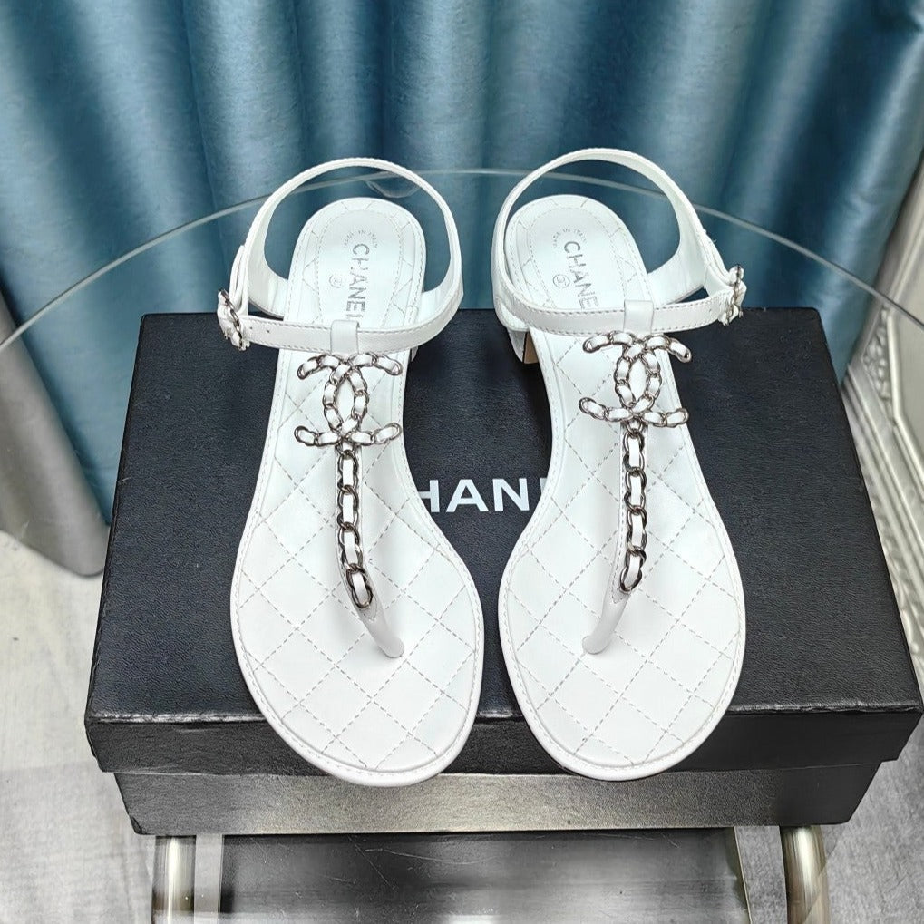 CLASSIC THONG SANDALS WHITE LAMBSKIN WITH PEARL BUCKLE - 35