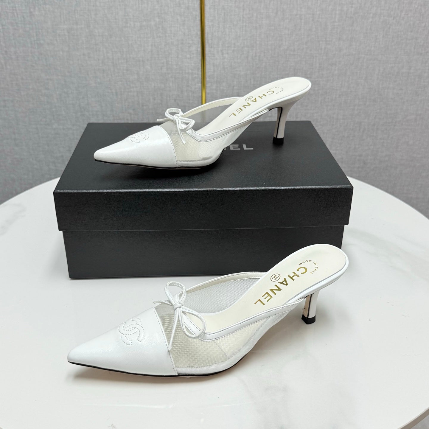 CC HEEL MULES 25S IN WHITE MESH FABRIC AND LAMBSKIN WITH BOW - 35