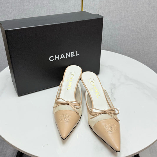 CC HEEL MULES 25S IN BEIGE MESH FABRIC AND LAMBSKIN WITH BOW - 35