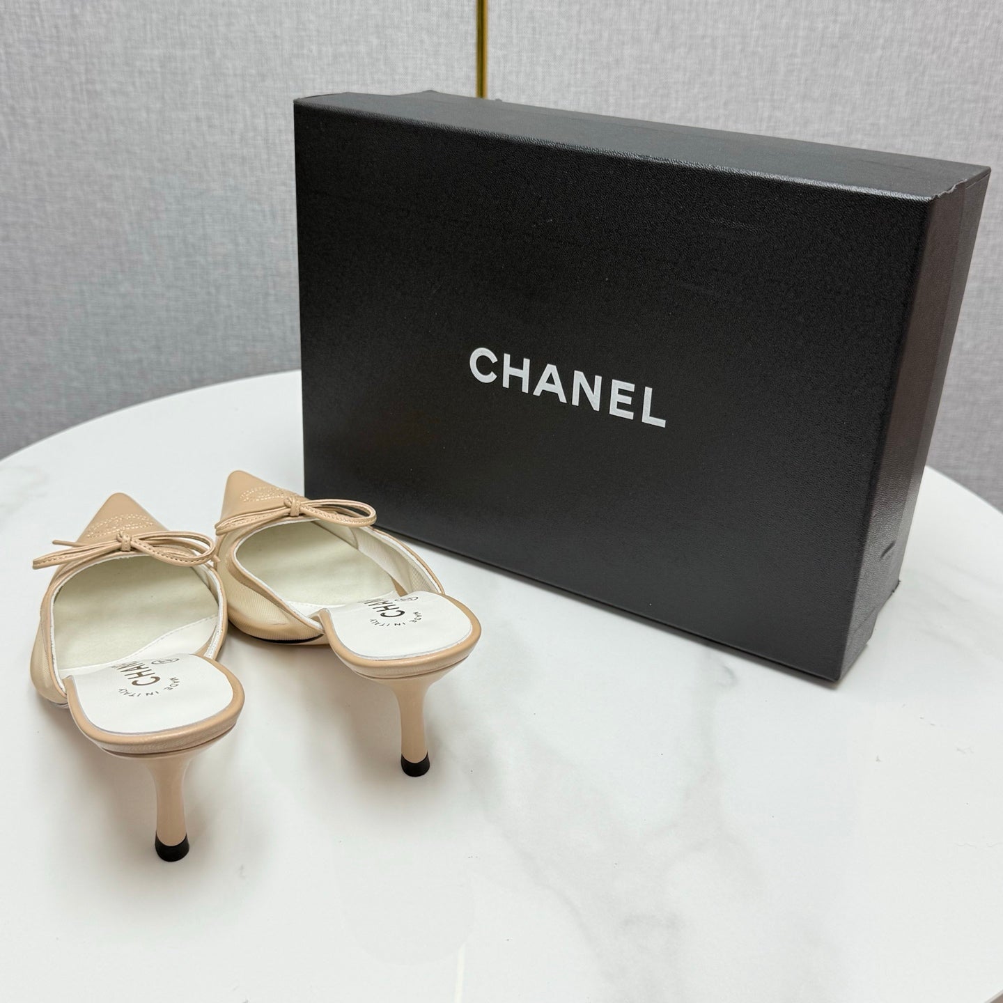CC HEEL MULES 25S IN BEIGE MESH FABRIC AND LAMBSKIN WITH BOW - 35