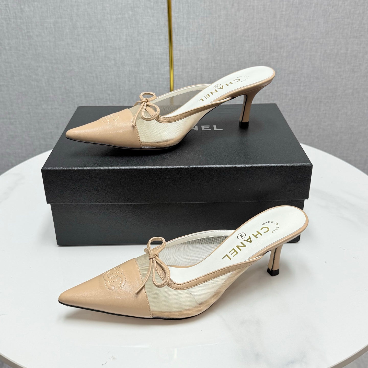 CC HEEL MULES 25S IN BEIGE MESH FABRIC AND LAMBSKIN WITH BOW - 35