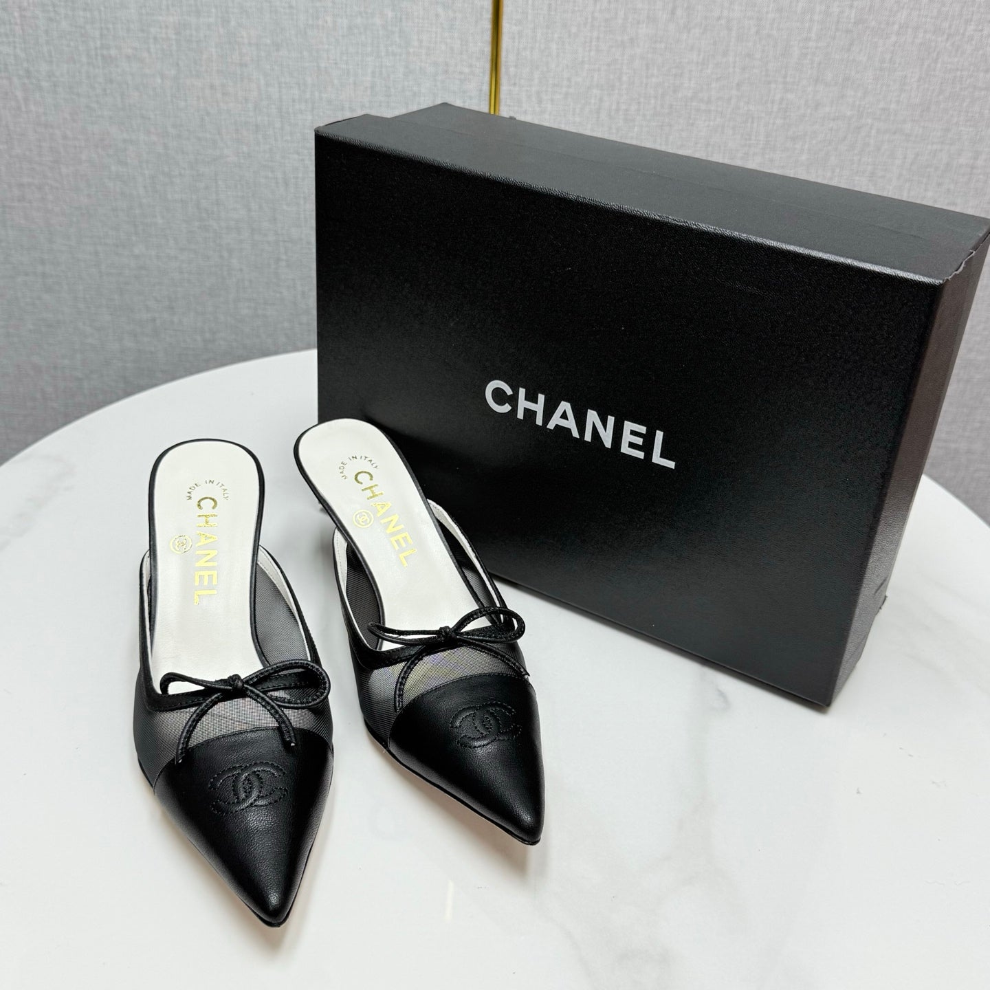 CC HEEL MULES 25S IN BLACK MESH FABRIC AND LAMBSKIN WITH BOW - 35