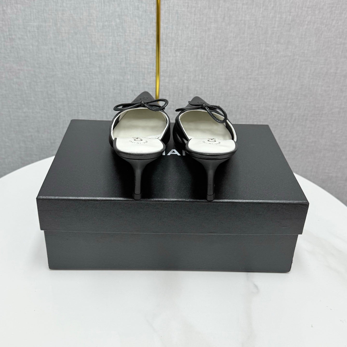 CC HEEL MULES 25S IN BLACK MESH FABRIC AND LAMBSKIN WITH BOW - 35
