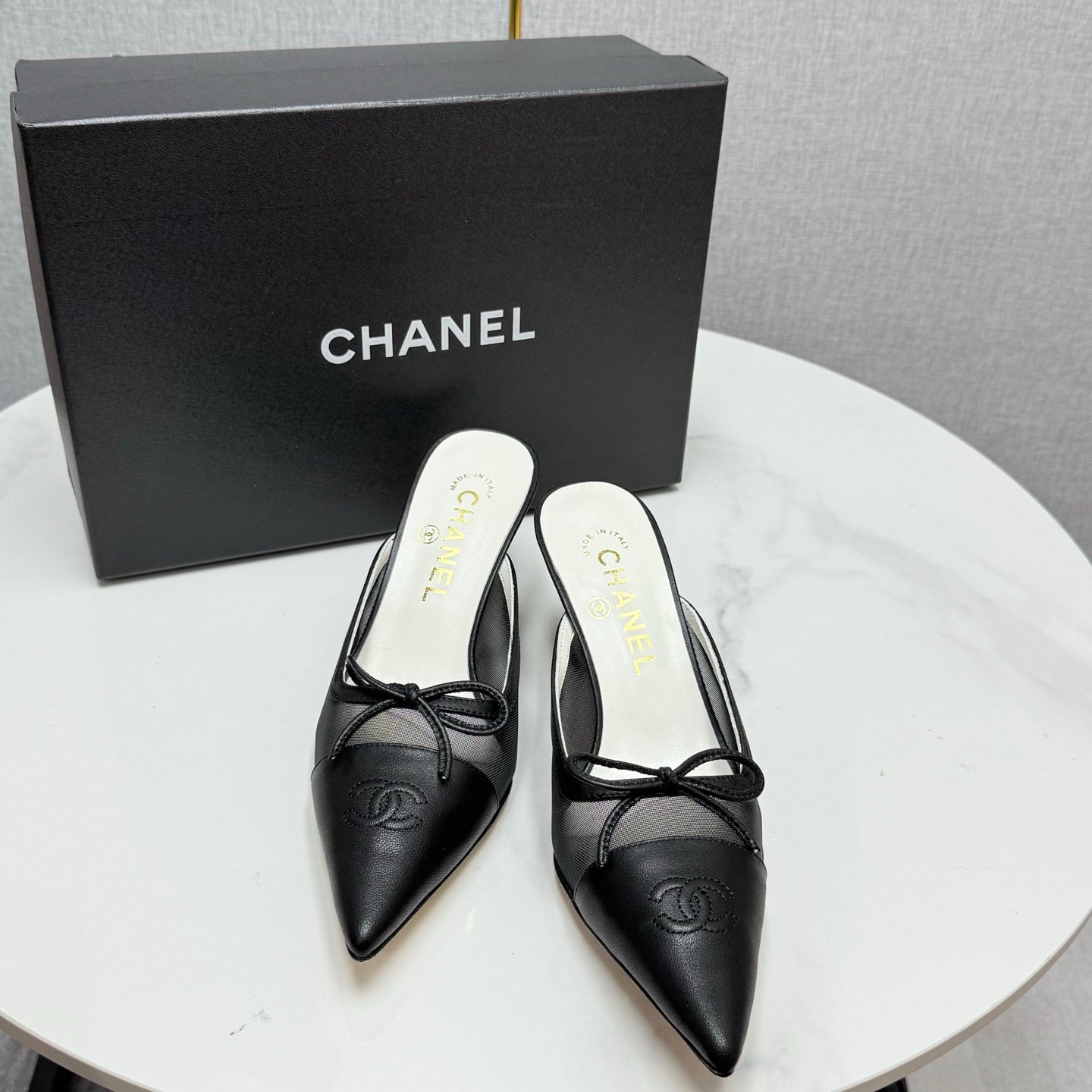 CC HEEL MULES 25S IN BLACK MESH FABRIC AND LAMBSKIN WITH BOW - 35