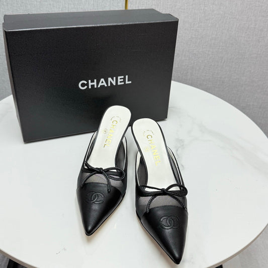 CC HEEL MULES 25S IN BLACK MESH FABRIC AND LAMBSKIN WITH BOW - 35