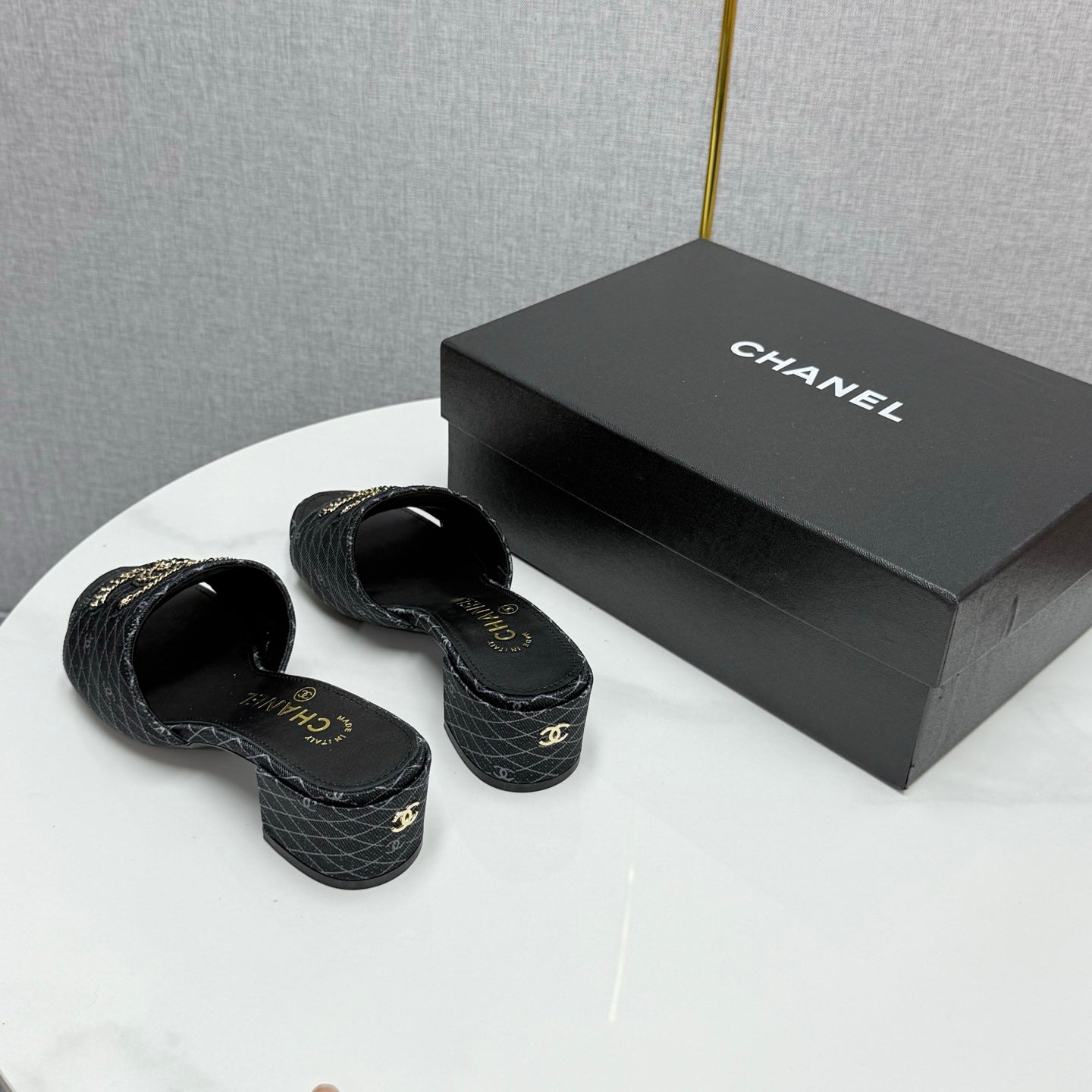 CC HIGH HEEL 25S IN BLACK DENIM STRIPED PATTERN WITH LOGO PRINT - 35