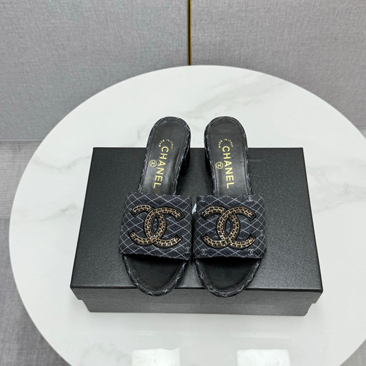 CC HIGH HEEL 25S IN BLACK DENIM STRIPED PATTERN WITH LOGO PRINT - 35