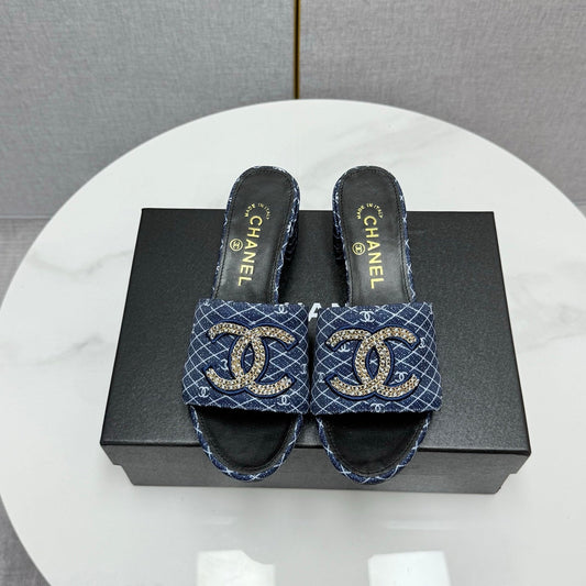 CC HIGH HEEL 25S IN DARK BLUE DENIM STRIPED PATTERN WITH LOGO PRINT - 35