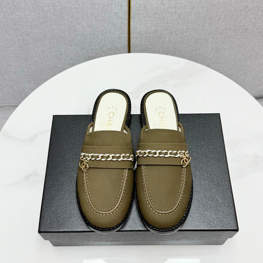 CC FLAT MULE 25S IN OLIVE BROWN CALFSKIN STYLE 3 - 35