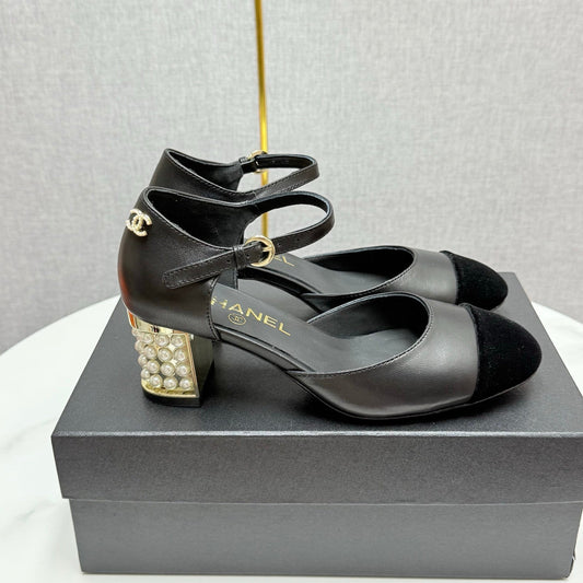 CC MARY JANE HEELS 25S IN BLACK LAMBSKIN AND SUEDE WITH PEARL HEEL STYLE 5 - 35