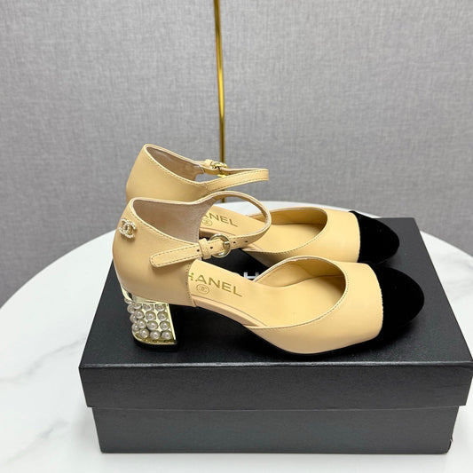CC MARY JANE HEELS 25S IN BEIGE LAMBSKIN AND SUEDE WITH PEARL HEEL STYLE 6 - 35