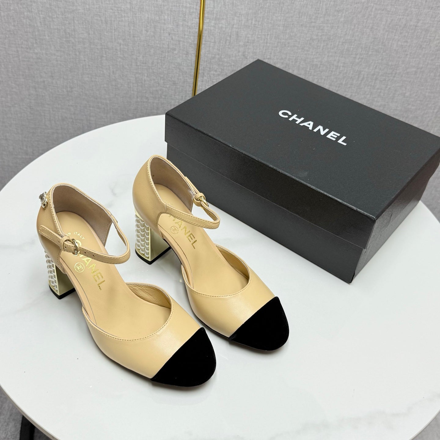 CC MARY JANE HEELS 25S IN BEIGE LAMBSKIN AND SUEDE WITH PEARL HEEL STYLE 3 - 35
