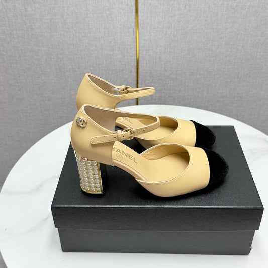 CC MARY JANE HEELS 25S IN BEIGE LAMBSKIN AND SUEDE WITH PEARL HEEL STYLE 3 - 35