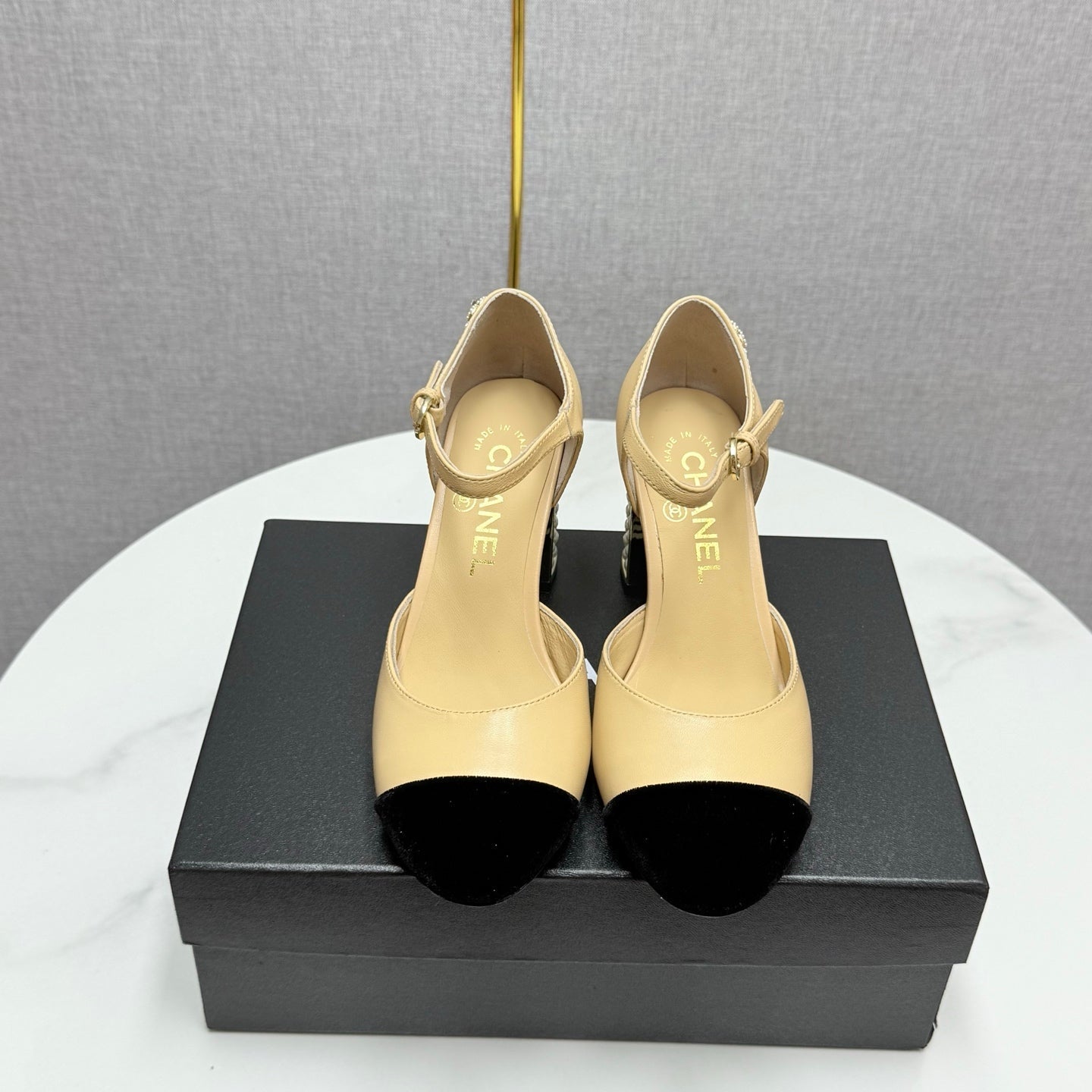 CC MARY JANE HEELS 25S IN BEIGE LAMBSKIN AND SUEDE WITH PEARL HEEL STYLE 3 - 35