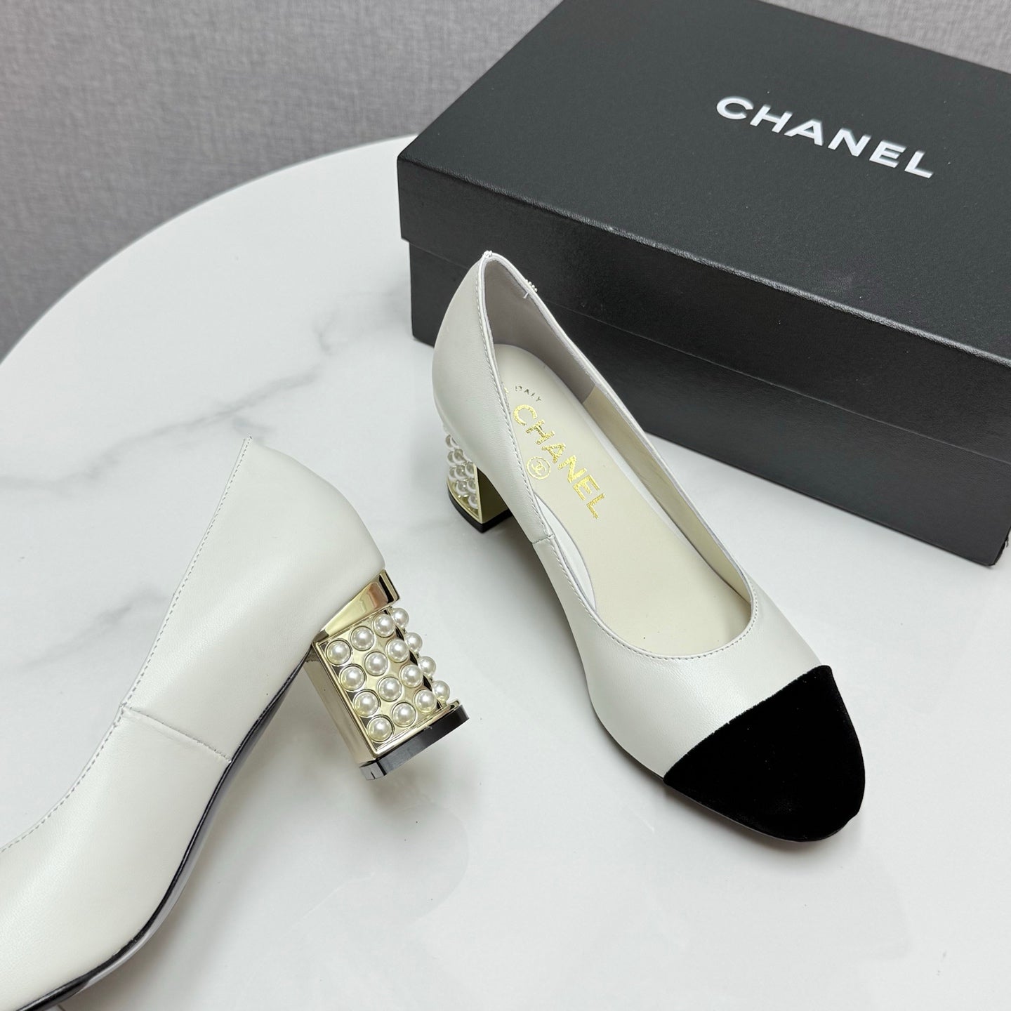 CC HIGH HEEL 25S IN BLACK LAMBSKIN AND SUEDE WITH PEARL HEEL STYLE 6 - 35