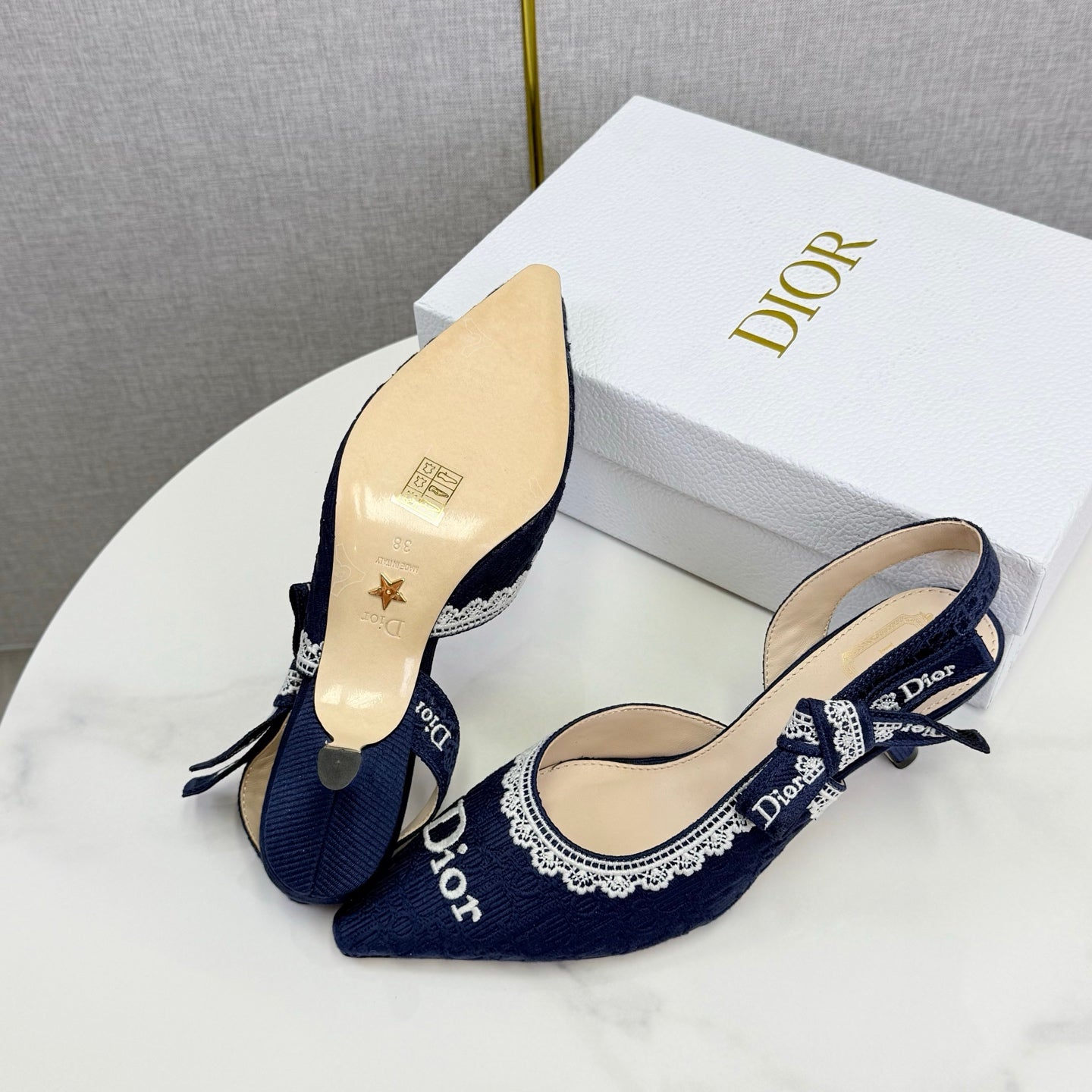 DIOR 26S SLINGBACK PUMPS IN NAVY BLUE FABRIC EMBOSSED LOGO