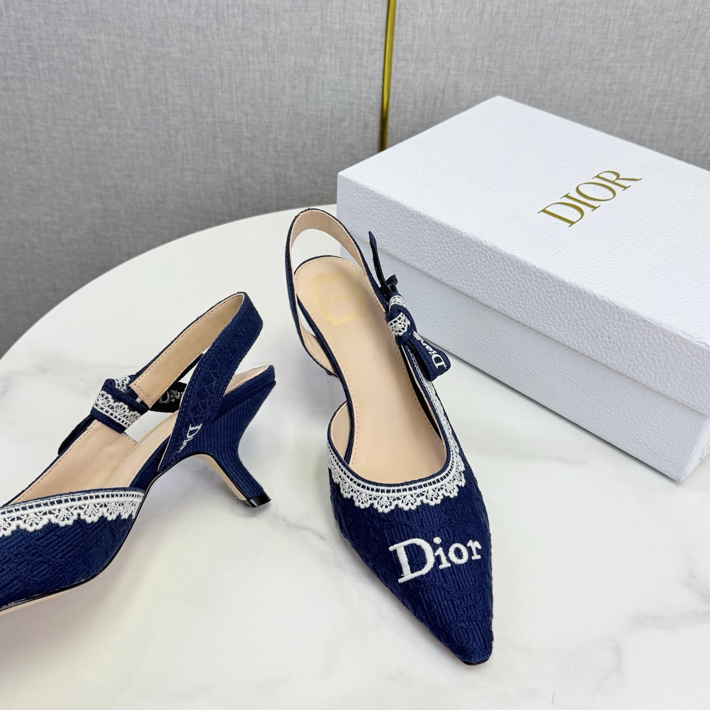 DIOR 26S SLINGBACK PUMPS IN NAVY BLUE FABRIC EMBOSSED LOGO