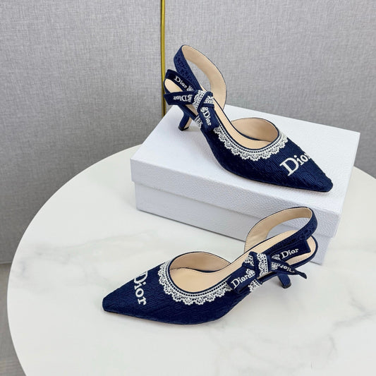 ТУФЛІ-СЛІНГБЕКИ DIOR 26S З ТЕМНО-СИНЬОГО ТЕКСТИЛЮ З РЕЛЬЄФНИМ ЛОГОТИПОМ