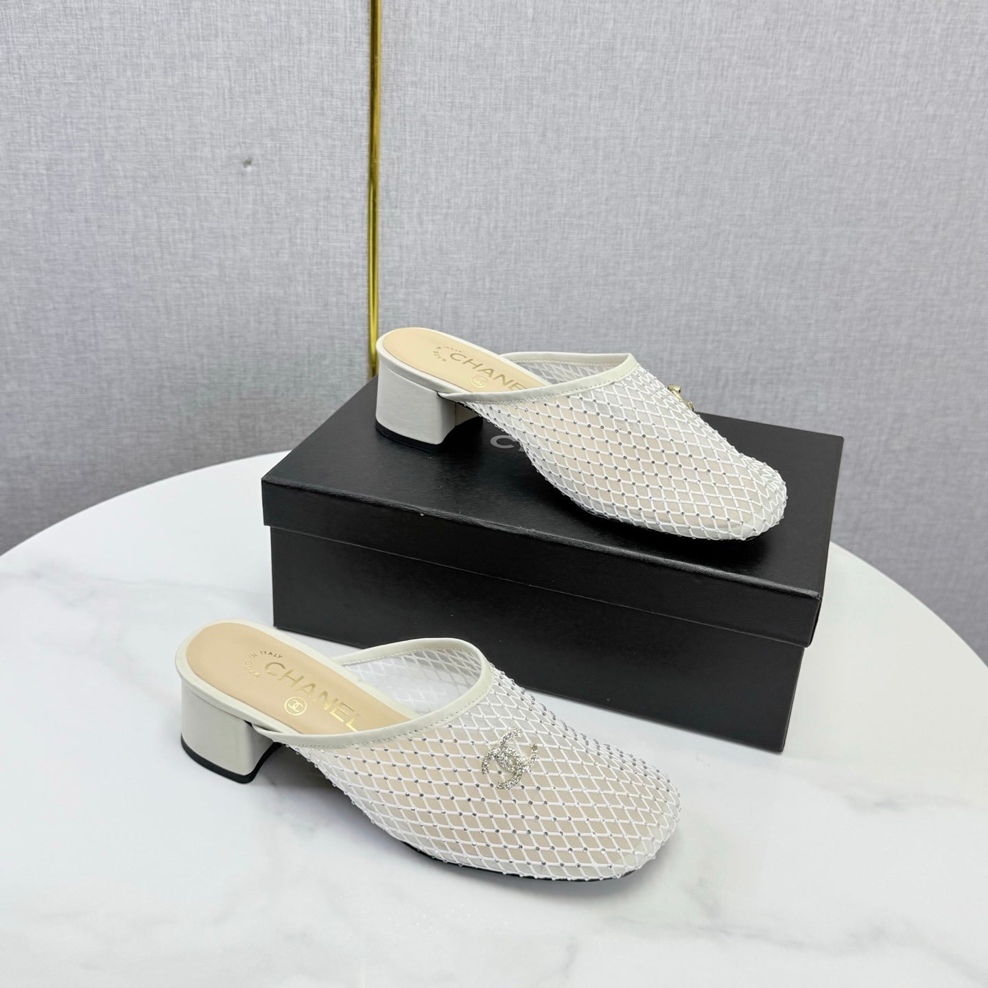CHANEL 26S MESH HIGH HEEL MULES IN WHITE LAMBSKIN