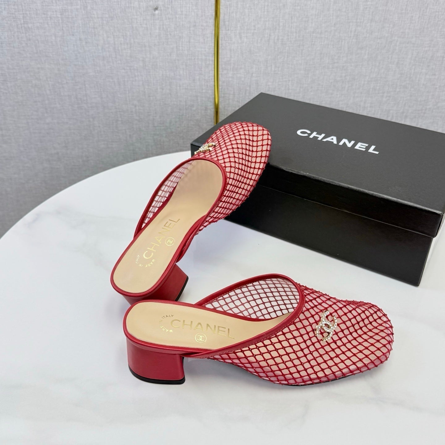 CHANEL 26S MESH HIGH HEEL MULES IN RED LAMBSKIN