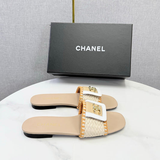 БОСОНІЖКИ CHANEL 26S З ТКАНИМ РЕМІНЦЕМ ЗІ ШКІРИ ЯГНЯТИ БЕЖЕВОГО ТА ПОМАРАНЧЕВОГО КОЛЬОРІВ