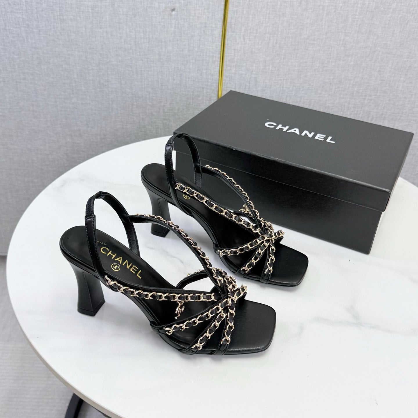CHANEL 26S CHAIN STRAP HIGH HEELS 65 MM IN BLACK LAMBSKIN