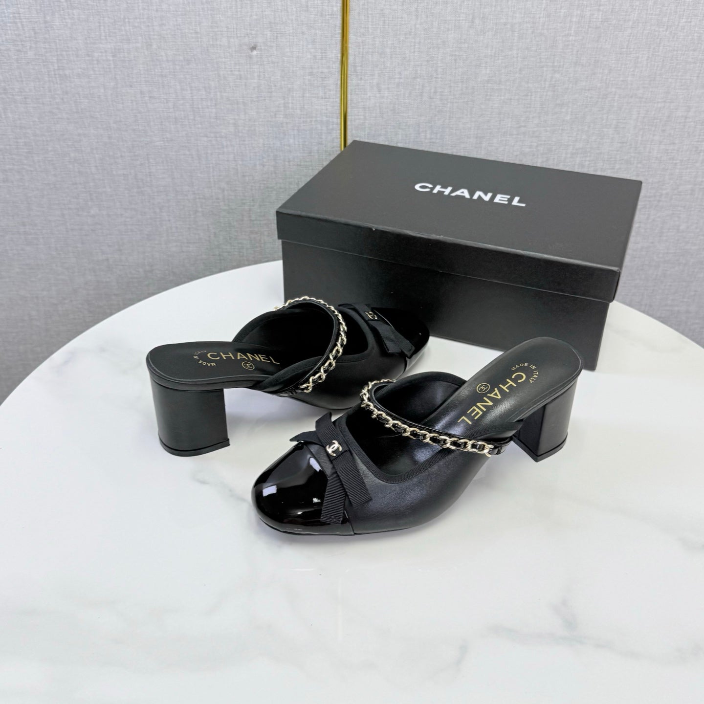 CHANEL 26S HIGH HEEL MULES 45 MM IN BLACK LAMBSKIN