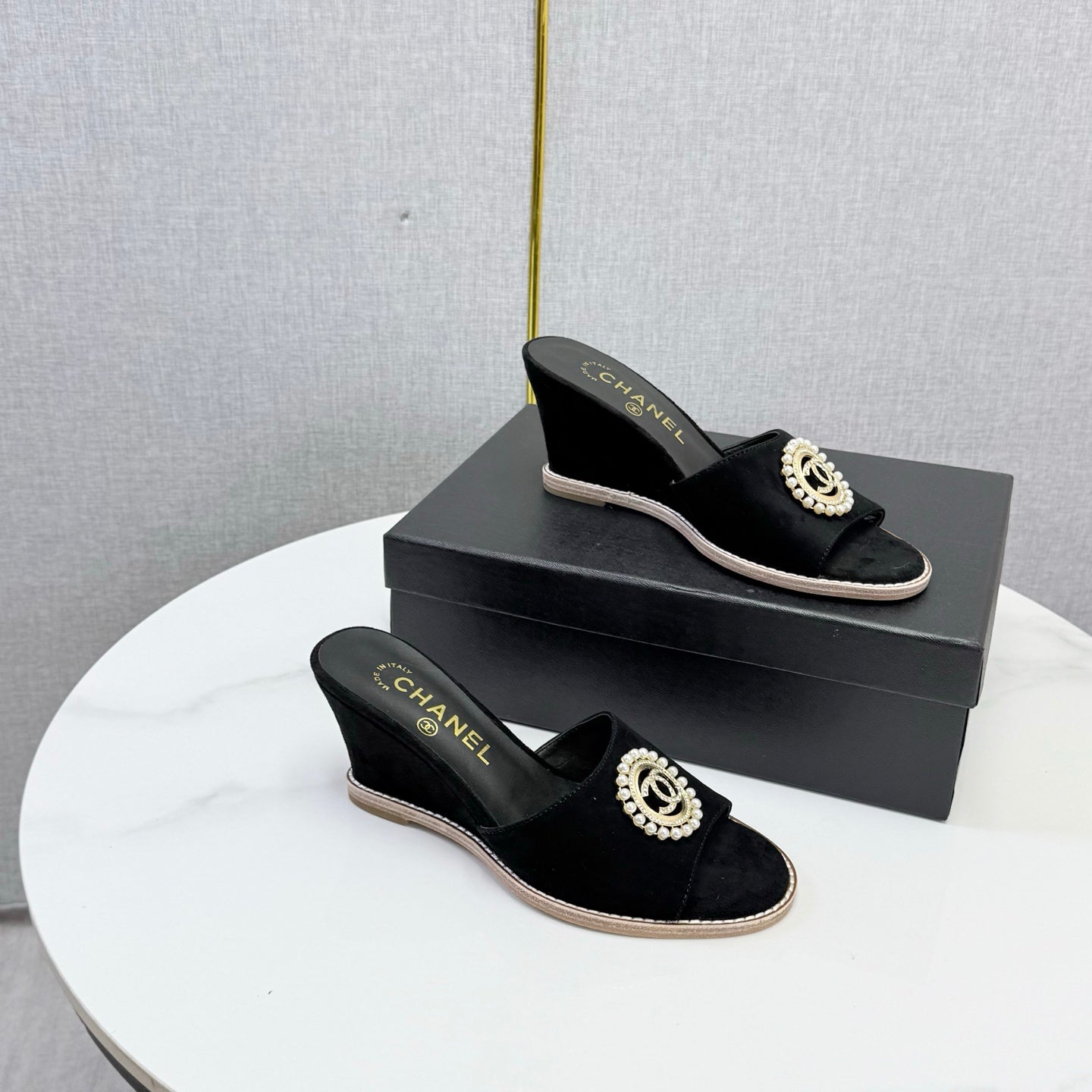 CHANEL 26S WEDGE HEELS IN BLACK SUEDE WITH CC PEARL EMBELLISHED