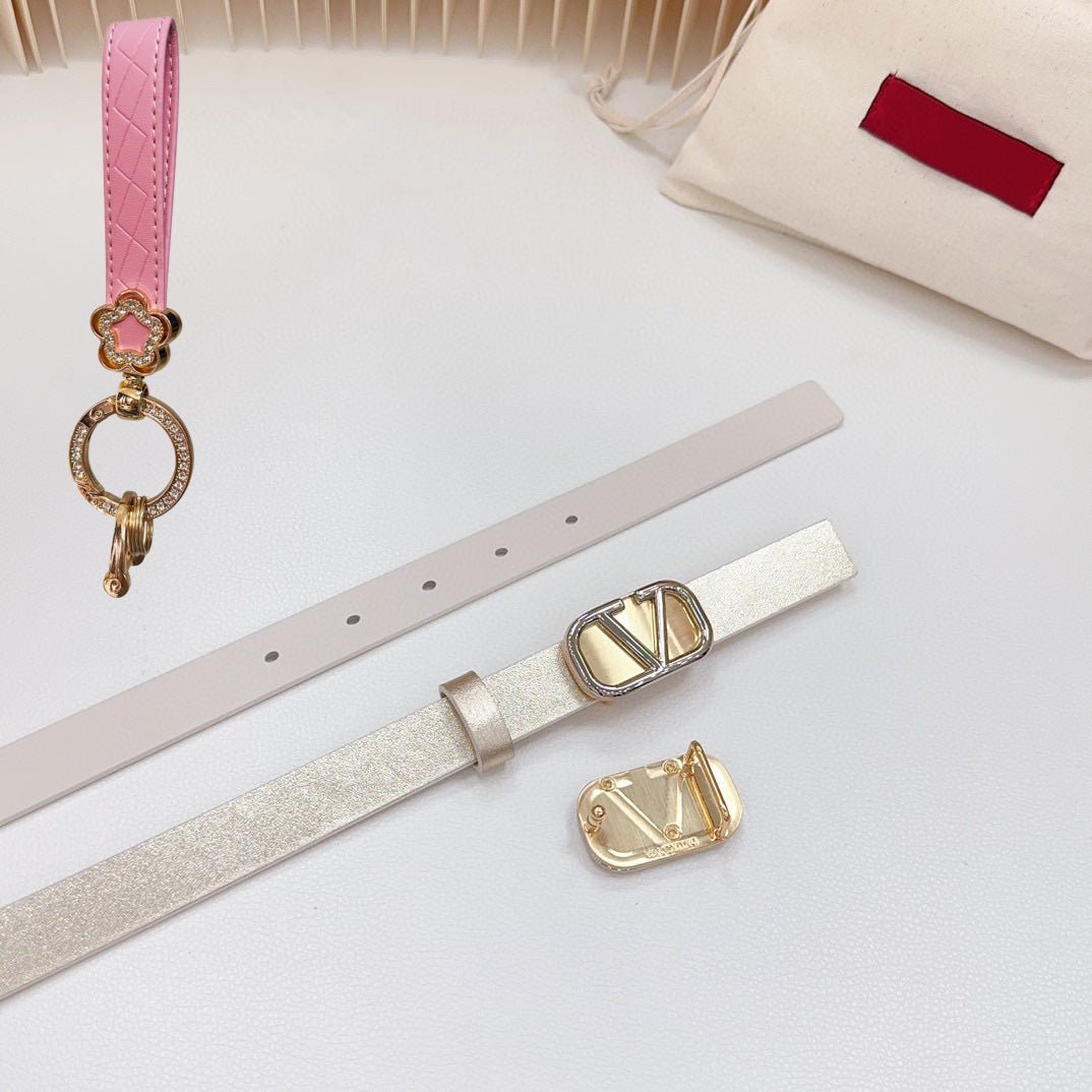Gold Vlogo and Silver Hardware Buckle Gold White Calfskin 20mm - 30