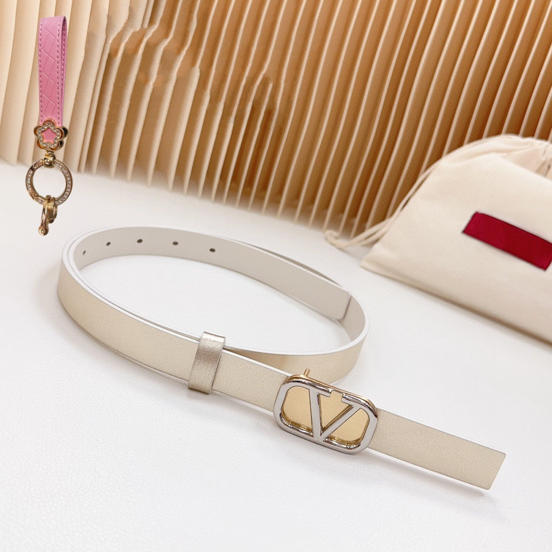 Gold Vlogo and Silver Hardware Buckle Gold White Calfskin 20mm - 30